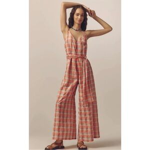 Corey Lynn Calter Plaid Wide Leg Jumpsuit Coral Orange V-Neck Tie Waistless $228